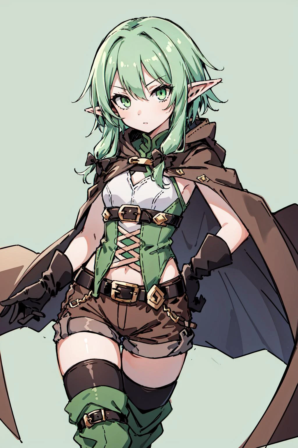 (masterpiece, best quality), intricate details,
<lora:high_elf_archer_final:0.6> 1girl, elf, pointy ears, green hair, long hair, sidelocks, hair bow, green eyes, small breasts, cloak, black gloves, brown shorts, green thighhighs, short shorts, belt,