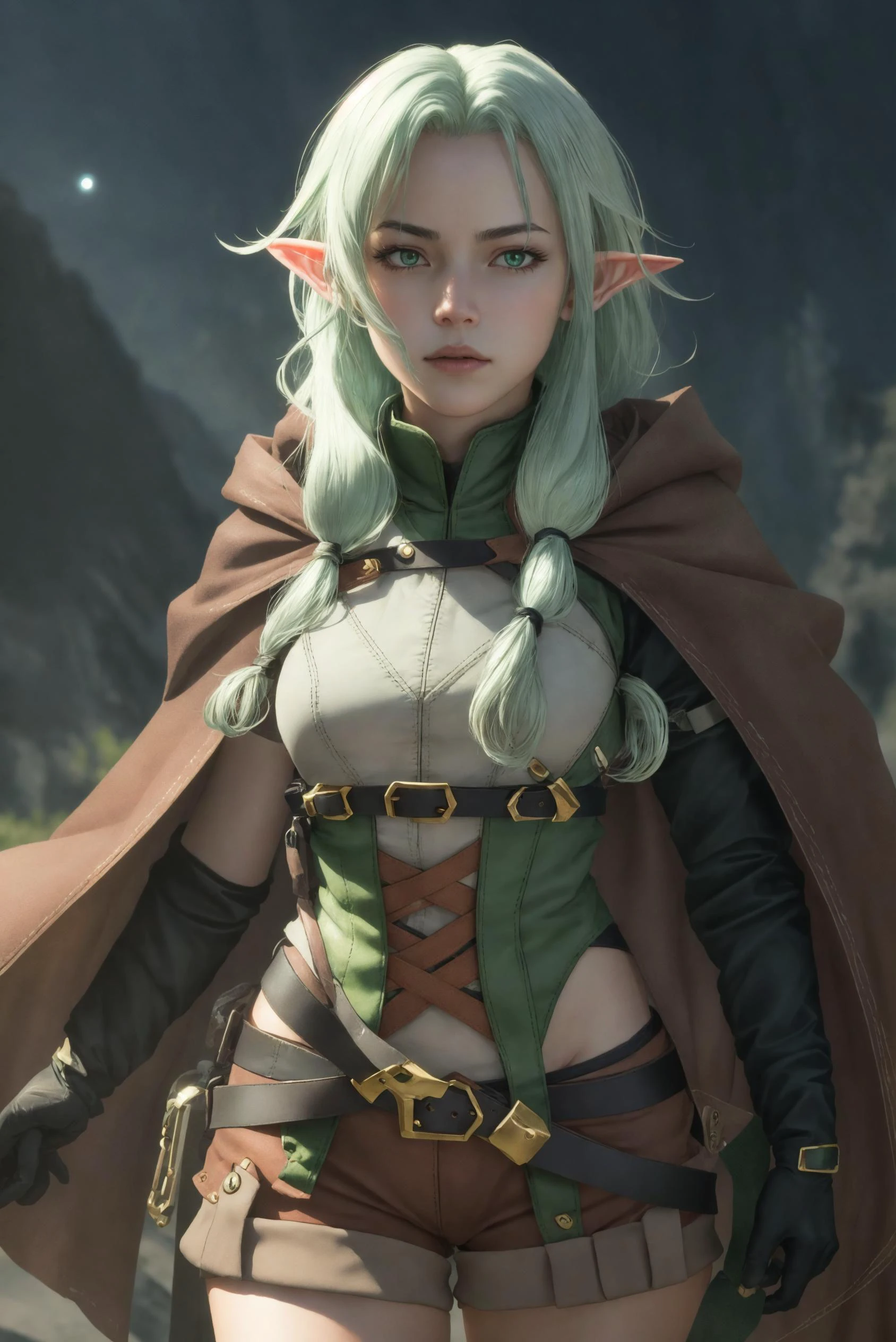 (masterpiece, best quality), <lora:high_elf_archer_final:0.88>, evil, dark, elf, rogue, pointy ears, long hair, hair bow, green eyes, green hair, cloak, black gloves, brown shorts, belt, night sky, cinematic light, dramatic light, high quality, realistic 3d render 8k, unreal enginge, high contrast, depth of field,