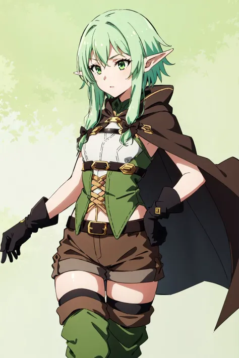 (masterpiece, best quality), intricate details,
<lora:high_elf_archer_final:0.6> 1girl, elf, pointy ears, green hair, long hair, sidelocks, hair bow, green eyes, small breasts, cloak, black gloves, brown shorts, green thighhighs, short shorts, belt,