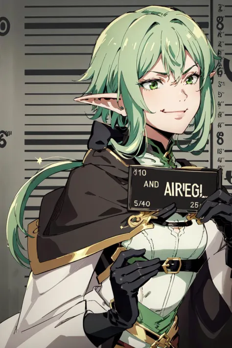 (masterpiece, best quality),  intricate details,
 1girl, solo,<lora:high_elf_archer_final:0.6> 1girl, elf, pointy ears, green hair, long hair, sidelocks, hair bow, green eyes, small breasts, cloak, black gloves,
 <lora:barbie_mugshot_B:1> barbie mugshot, holding sign, smug, smirk,