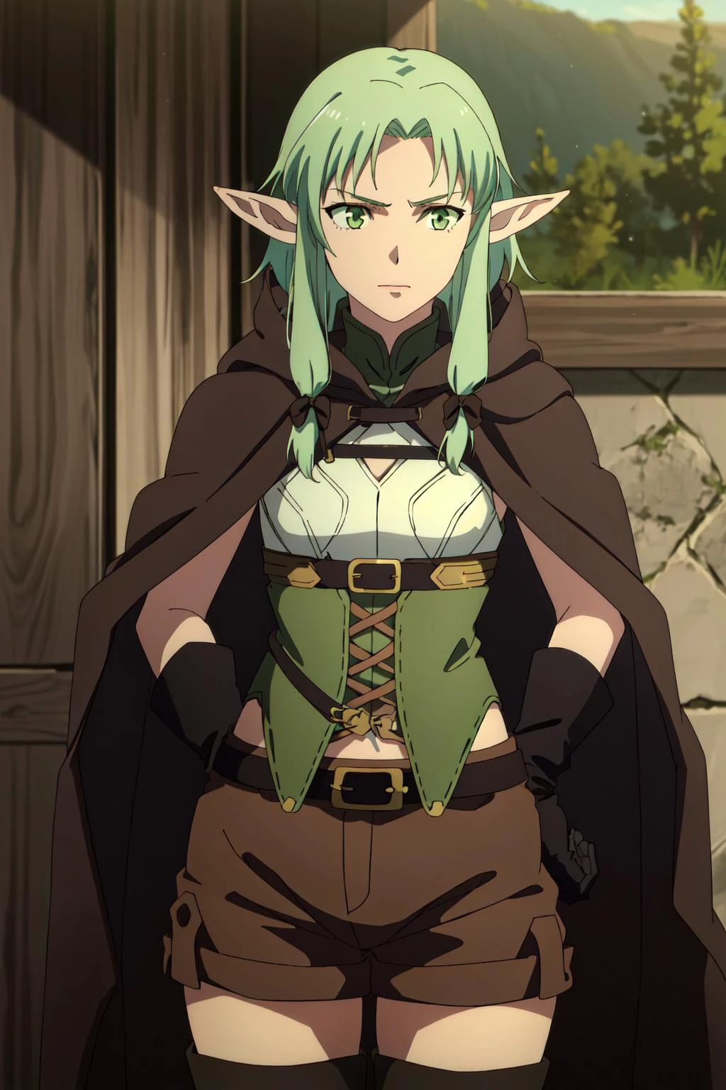 (masterpiece, best quality), intricate details,
1girl, solo,<lora:high_elf_archer_final:0.6> 1girl, elf, pointy ears, green hair, long hair, sidelocks, hair bow, green eyes, small breasts, cloak, black gloves, brown shorts, green thighhighs, short shorts, belt,
<lora:witcher_offset:0.8> witcher,