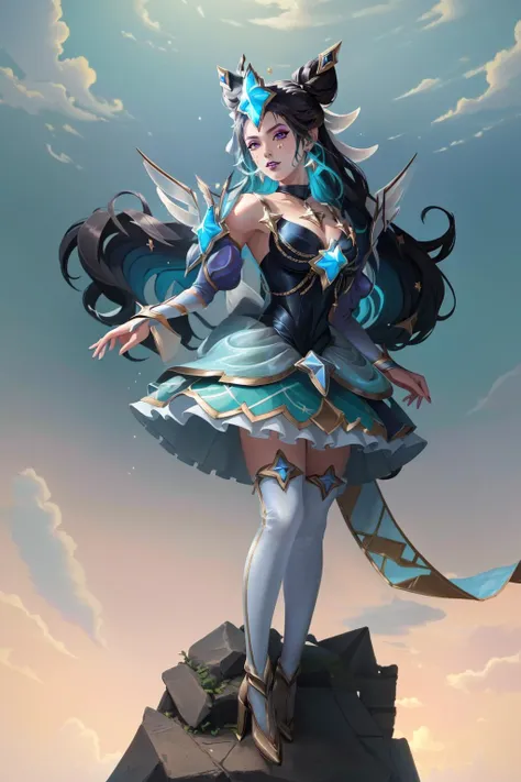 (Masterpiece:1.2), (best quality:1.2), (illustration:1.2), <lora:Prestige_Star_Guardian_Syndra-000018:1>, prestige star guardian syndra, 1girl, multicolored hair, puffy detached sleeves, frilled skirt, double bun, star hair ornament, full body, cowboy shot