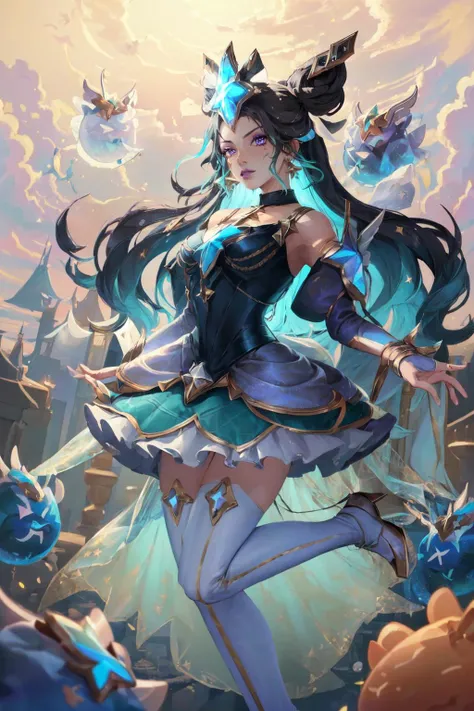 (Masterpiece:1.2), (best quality:1.2), (illustration:1.2), <lora:Prestige_Star_Guardian_Syndra-000018:1>, prestige star guardian syndra, 1girl, multicolored hair, puffy detached sleeves, frilled skirt, double bun, star hair ornament, full body, cowboy shot