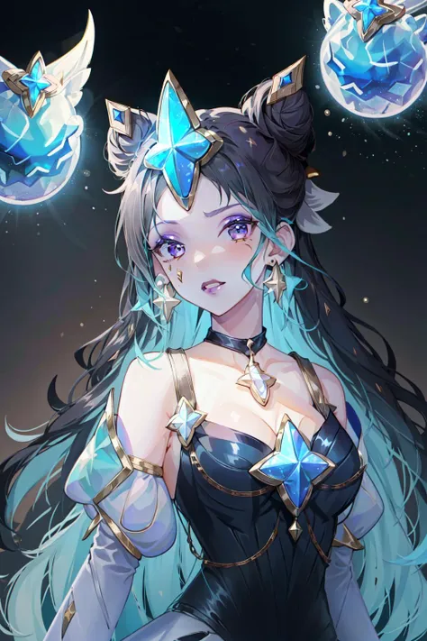(Masterpiece:1.2), (best quality:1.2), (illustration:1.2), <lora:Prestige_Star_Guardian_Syndra-000018:1>, prestige star guardian syndra, 1girl, multicolored hair, puffy detached sleeves, frilled skirt, double bun, star hair ornament, upper body, potrait
