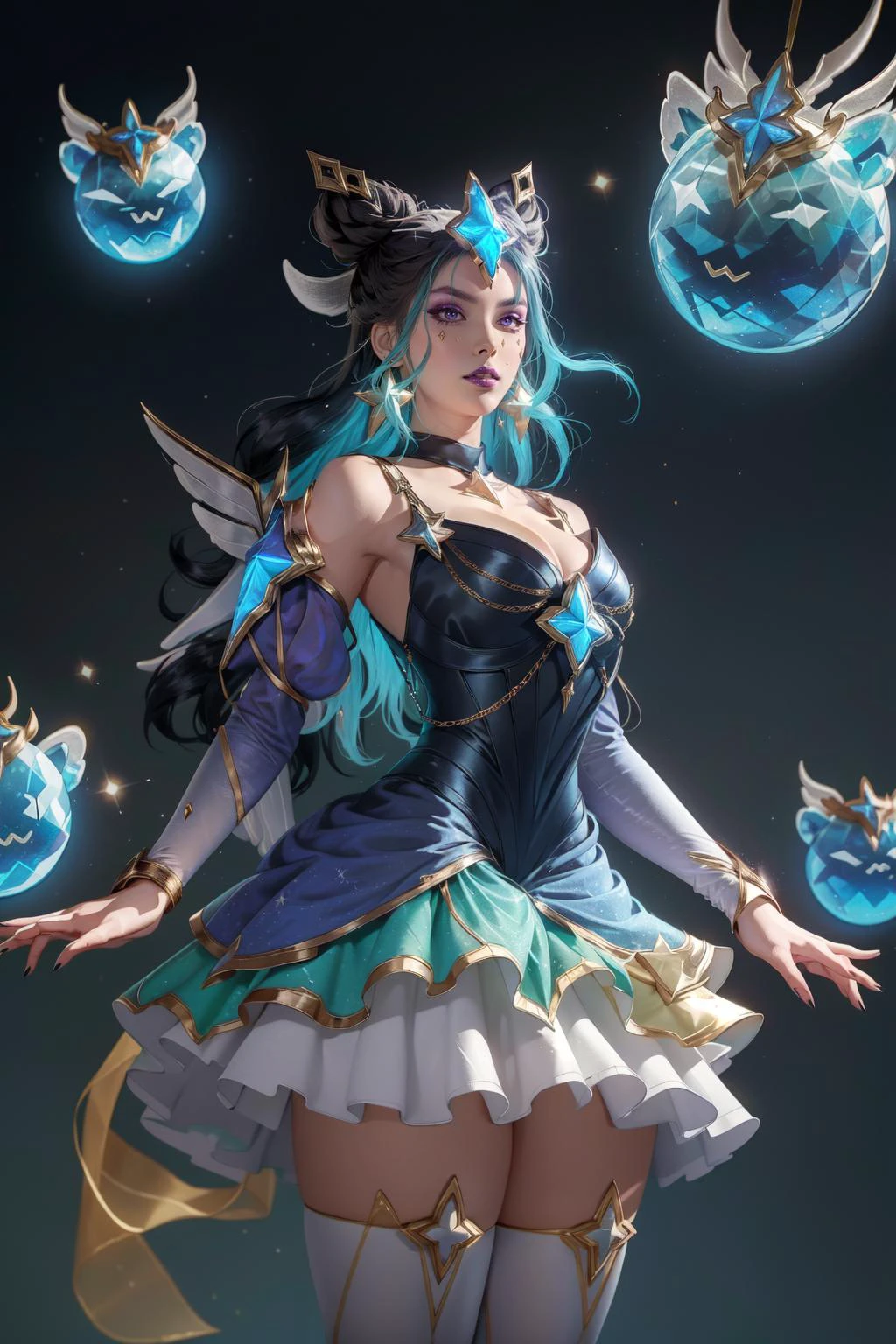 (Masterpiece:1.2), (best quality:1.2), (illustration:1.2), <lora:Prestige_Star_Guardian_Syndra-000018:1>, prestige star guardian syndra, 1girl, multicolored hair, puffy detached sleeves, frilled skirt, double bun, star hair ornament, full body, cowboy shot