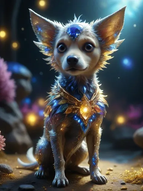 cute and creepy dog-like alien with fantastical colorful shimmering feathers, glowing and whimsical, enchanted and magical background, intricate details, ultra sharp, soft textures, exquisite detail, flawless composition, vivid colors, masterpiece, highest quality, extremely detailed CG unity 8k wallpaper <lora:stardustsapphire:0.8> reij-strsphr