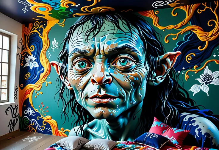 truck,dispensable,thinkable,rich,cutesy,with delicate silk fabrics and intricate embroidery,(((extra closeup on face))),Gollum (The Lord of the Rings),unaccommodatingly,ceiling,,The main focus is on the monochrome fluid flowing from a painting on the wall, gradually transitioning into a vibrant, colorful stream resembling a river, symbolizing creativity and the power of art. The atmosphere is serene, inviting contemplation of artistic expression and the transformative nature of color.,(color scheme: azure,navy blue,medium seagreen), (Wall Graffiti:1.3), (Graffiti:1.2))),ripped wedding lingerie,back view, close-up
