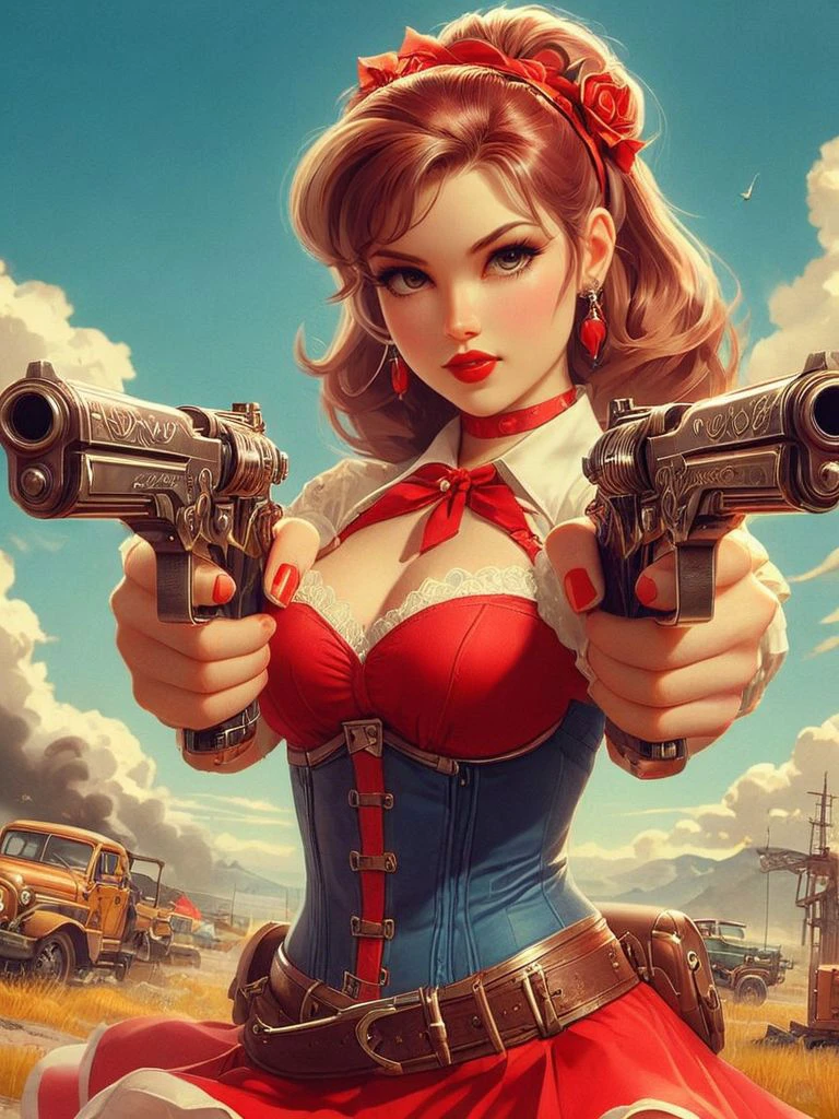 <lora:MJ52:0.1> <lora:sd_xl_dpo_lora_v1:0.5>, a pinup model, vivid colors, high saturation <lora:RMSDXL_Creative:.2> <lora:XL_Weapon_Dual_Pistols_-_By_HailoKnight:1.0> dual pistols at viewer
