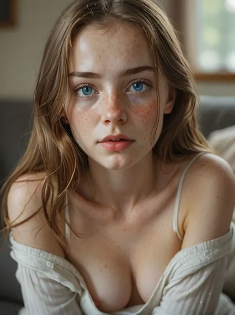 1girl, breasts, downblouse, lips, long_hair, looking_at_viewer, nipples, nose, photo_\(medium\), photorealistic, realistic, small_breasts, solo
 a young woman with striking blue eyes and freckles is captured in a moment of quiet intensity. Her hair, a rich shade of brown, frames her face beautifully. She's wearing a white top that's slightly unbuttoned, revealing a hint of her chest. The top is complemented by white socks that reach up to her mid-calf.
She's seated on a gray couch, her body angled towards the camera, creating a sense of intimacy. Her expression is serious, almost contemplative, adding a layer of depth to the image. The background is blurred, drawing focus to her, making her the undeniable centerpiece of this composition. The overall effect is one of elegance and thoughtfulness., award winning photo, nsfw <lora:RMSDXL_Enhance:1.5> <lora:sd_xl_dpo_lora_v1:0.4> <lora:MJ52:0.4>, delicate, beautiful, perfect face,( film grain, bokeh:0.2), <lora:RealDownblouseXL2:0.75> <lora:eye_catching:1>