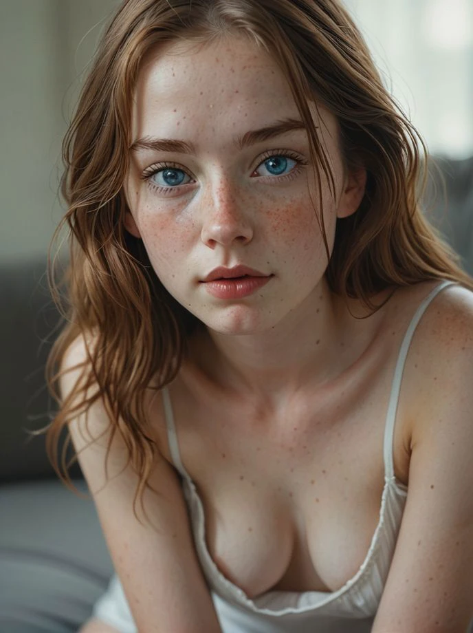 1girl, breasts, downblouse, lips, long_hair, looking_at_viewer, nipples, nose, photo_\(medium\), photorealistic, realistic, small_breasts, solo
a young woman with striking blue eyes and freckles is captured in a moment of quiet intensity. Her hair, a rich shade of brown, frames her face beautifully. She's wearing a white top that's slightly unbuttoned, revealing a hint of her chest. The top is complemented by white socks that reach up to her mid-calf.
She's seated on a gray couch, her body angled towards the camera, creating a sense of intimacy. Her expression is serious, almost contemplative, adding a layer of depth to the image. The background is blurred, drawing focus to her, making her the undeniable centerpiece of this composition. The overall effect is one of elegance and thoughtfulness., award winning photo, nsfw <lora:RMSDXL_Enhance:1.5> <lora:sd_xl_dpo_lora_v1:0.4> <lora:MJ52:0.4>, delicate, beautiful, perfect face,( film grain, bokeh:0.2), <lora:RealDownblouseXL2:0.75> <lora:eye_catching:1>