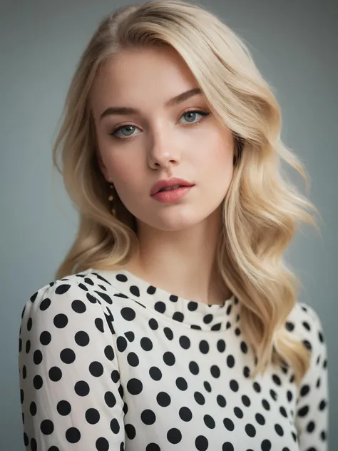 fashion photography of 23 y.o blonde woman, beautiful makeup, wearing dot dress, 35mm