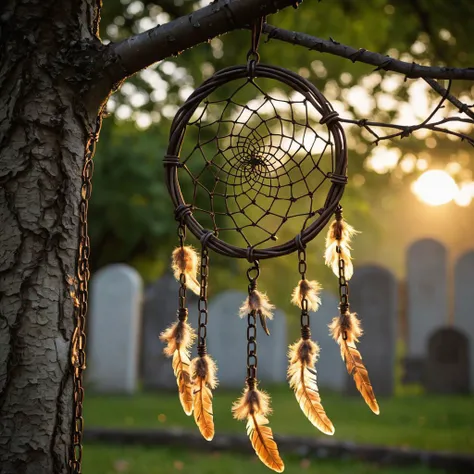 (ambient lighting) A dreamcatcher made from rusty (barbed:1.5) wire and chains, hanging from the branch of a lush tree in a graveyard