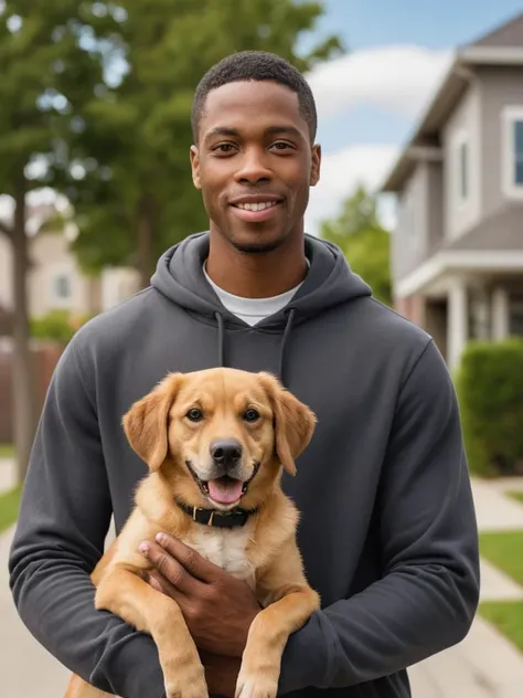 photo of a black man holding a dog, beautiful neighborhood background