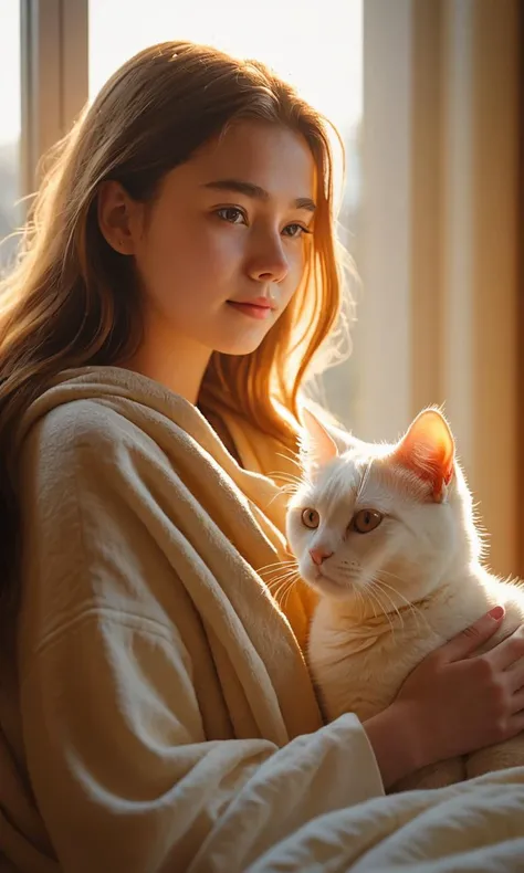 raw Photo,cinematic film still,(((detailed facial features))),(very detailed skin:1.2),realistic details,
amazing quality,simulated film particles,wallpaper,analog film grain,detailed character expressions,full_shot,from_above,ass_focus,
(masterpiece, 8k, ultra realistic, perfect lighting, photography from above:1.5),light red and amber,
In the morning, in a bedroom, sunlight shone through the window without turning on the lights. A 21-year-old girl, who had just woken up, was covered in a blanket, with only her head and arms outside. The girl was looking at her phone, and there was a white cat in her arms. The golden sunlight shone on both the girl and the cat, casting a beautiful shadow.
<lora:sd_xl_dpo_lora_v1:0.4>,