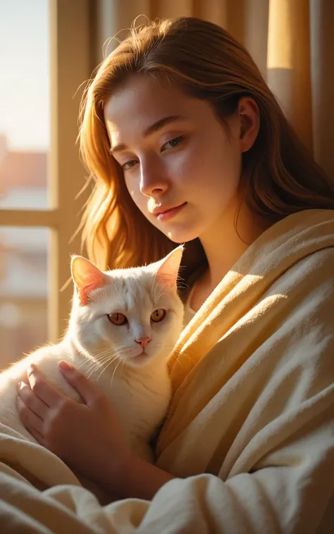 raw Photo,cinematic film still,(((detailed facial features))),(very detailed skin:1.2),realistic details,
amazing quality,simulated film particles,wallpaper,analog film grain,detailed character expressions,full_shot,from_above,ass_focus,
(masterpiece, 8k, ultra realistic, perfect lighting, photography from above:1.5),light red and amber,
In the morning, in a bedroom, sunlight shone through the window without turning on the lights. A 21-year-old girl, who had just woken up, was covered in a blanket, with only her head and arms outside. The girl was looking at her phone, and there was a white cat in her arms. The golden sunlight shone on both the girl and the cat, casting a beautiful shadow.
<lora:sd_xl_dpo_lora_v1:0.4>,