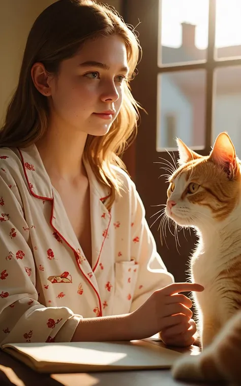 raw Photo,cinematic film still,(((detailed facial features))),(very detailed skin:1.2),realistic details,close-up,
amazing quality,simulated film particles,wallpaper,analog film grain,detailed character expressions,full_shot,from_above,ass_focus,
(masterpiece, 8k, ultra realistic, perfect lighting, photography from above:1.5),light red and amber,
In the morning, sunlight shone through the window in a bedroom. The bedroom had no lights on. A 20-year-old girl sat at a desk, wearing pajamas. There was a white cat on the table, and the girl was playing with it. The girl was staring at the cat, and her gaze was on it. The girl was looking at the cat, and the golden sunlight shone on both the girl and the cat, creating a beautiful projection.
<lora:sd_xl_dpo_lora_v1:0.4>,