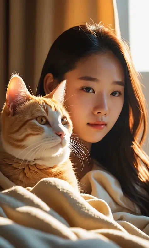 raw Photo,cinematic film still,(((detailed facial features))),(very detailed skin:1.2),realistic details,
amazing quality,simulated film particles,wallpaper,analog film grain,detailed character expressions,full_shot,from_above,ass_focus,
(masterpiece, 8k, ultra realistic, perfect lighting, photography from above:1.5),light red and amber,
In the morning, in a bedroom, sunlight shone through the window without turning on the lights. A 21-year-old chinese girl, who had just woken up, was covered in a blanket, with only her head and arms outside. The girl was looking at her phone, and there was a white cat in her arms. The golden sunlight shone on both the girl and the cat, casting a beautiful shadow.
<lora:sd_xl_dpo_lora_v1:0.4>,