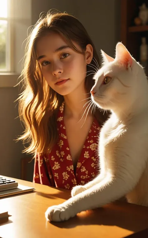 raw Photo,cinematic film still,(((detailed facial features))),(very detailed skin:1.2),realistic details,close-up,
amazing quality,simulated film particles,wallpaper,analog film grain,detailed character expressions,full_shot,from_above,ass_focus,
(masterpiece, 8k, ultra realistic, perfect lighting, photography from above:1.5),light red and amber,
In the morning, in a bedroom, sunlight shone through the window, but the lights were not turned on. An 20-year-old girl sat at a desk, wearing pajamas. There was a white cat on the table, and the girl was playing with it. The girl was watching the cat, and she was completely addicted to it. The golden sunlight shone on both the girl and the cat, casting a beautiful shadow.
<lora:sd_xl_dpo_lora_v1:0.4>,