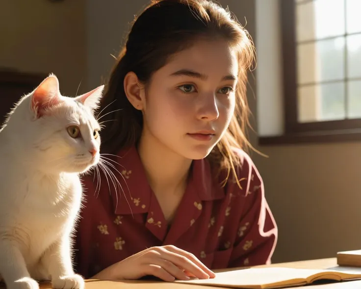 raw Photo,cinematic film still,(((detailed facial features))),(very detailed skin:1.2),realistic details,close-up,
amazing quality,simulated film particles,wallpaper,analog film grain,detailed character expressions,full_shot,from_above,ass_focus,
(masterpiece, 8k, ultra realistic, perfect lighting, photography from above:1.5),light red and amber,
In the morning,in a bedroom,sunlight shone through the window. The bedroom had no lights on,and a 20-year-old girl was squatting in front of the desk,wearing pajamas. There was a white cat on the table,and the 20-year-old girl was teasing the cat with her hands. Her face and body were blocked by the desk,and she could only see her eyes and mouth. The 20-year-old girl's gaze was on the cat,and she was looking straight at the cat.( (There was a beetle crawling over the table)),(The cat is observing the beetle),The golden sunlight shone on the 20-year-old girl and cat,projecting beautifully.,
<lora:sd_xl_dpo_lora_v1:0.4>,