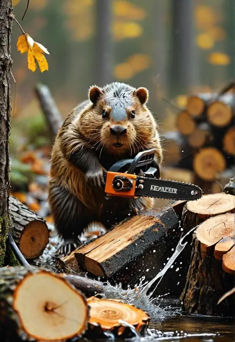 if you hear a wood fall can you see the no one there but a beaver cutting wood with a chainsaw, caught in the act, detailed, <lora:- SDXL - AI-Breaker_V3.5:0.8>