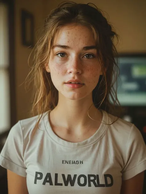 award winning photo, 1girl wearing a shirt that says "PALWORLD" <lora:RMSDXL_Enhance:1.5> <lora:sd_xl_dpo_lora_v1:0.4> <lora:MJ52:0.4>, beautiful, perfect face,( film grain:0.2), charming,  gaming pc, (freckles:0.1), looking excited, upper body
 <lora:Harrlogos_v1.1:0.3>