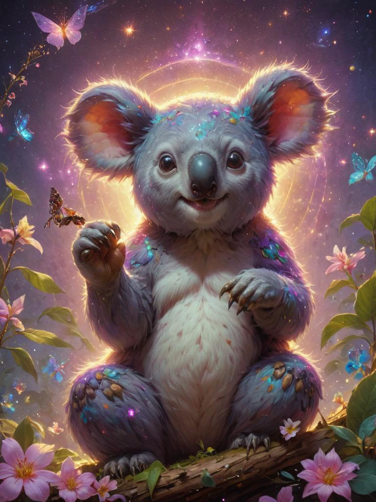mystical, koala, In a secret enclave, a garden of enchantment beckons, its delicate blooms radiating a sense of magic, Creating halos around light sources <lora:Contained_Color_SDXL:1> Contained Color <lora:derv-etmgc-SDXL-CIVITAI:1> derv-etmgc