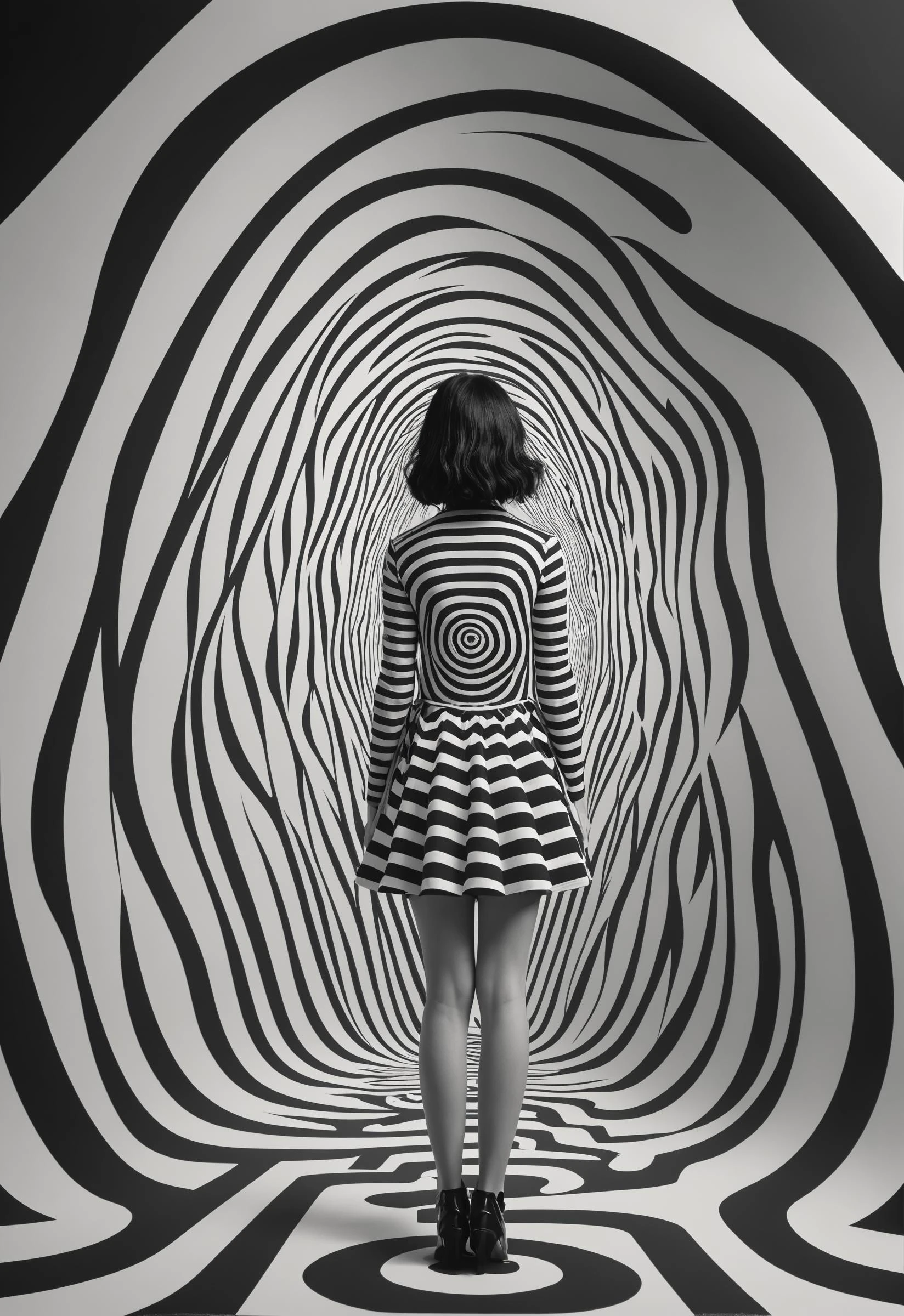 psychedelic , girl,Gilbert Garcin, black hair,pattern, in the style of emotive figural distortions, ephemeral installations,bold lines,poster, intricate,artstation <lora:add-detail-xl:1> <lora:xl_more_art-full_v1:0.3>