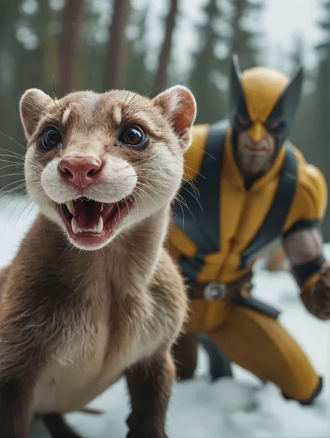 raw photo, a giant weasel taking a (selfie:1.1) next to marvel wolverine, logan, <lora:MJ52:0.75> <lora:RMSDXL_Creative:1.0>