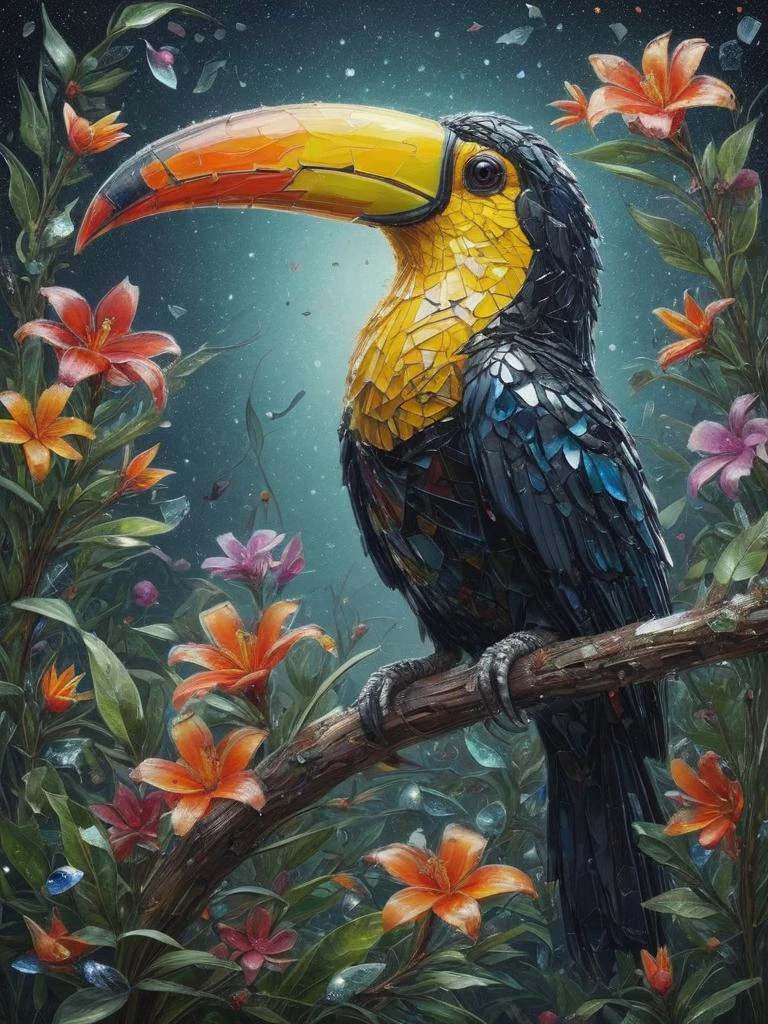 phantasmal, toucan, Within a celestial haven, a garden of stardust blooms, its shimmering flowers imbued with cosmic magic, Reflecting off surfaces <lora:Broken_Glass_Style_SDXL:0.8> ais-bkglass