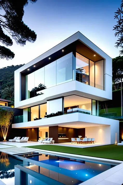 full three-quarter view of stunning house with ideal proportion, architecture building Modern,Minimalistic,Futuristic,Elegant,Functional,Innovative,Organic,Symmetrical,Harmonious,Geometric,Sleek,Spacious,Airy,Light,Bright,Dynamic,Bold,Streamlined,Interactive,High-tech,Sustainable,Efficient,Smart,Luxurious,Creative,Inspiring,Serene,Innovative,Sophisticated,Timeless,Striking,Iconic,Imposing,Dramatic,Visually stunning,Futuristic,Artistic,Chic,Refined,Sculptural,Unique,Contemporary,Thoughtful,Tranquil,Natural,Elegant,Inspiring,Innovative,Spacious,Sustainable.,