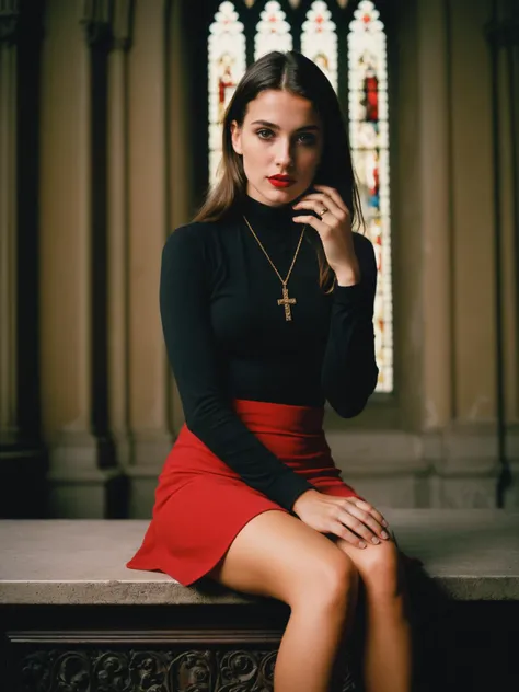 the photo was shot on Kodak Ektachrome 64 film with a Nikon F SLR camera and a Nikkor f/1.4 50mm lens, shutter speed 1/250s, ISO 64. It shows breathtakingly cute 25 y.o. girl, brown eyes, tight red mini skirt, black mesh blouse, sitting in the confessional with a priest, whispering to him about her lustrous adventures, old gothic cathedral