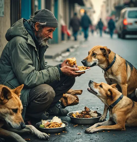 award winning photo, Homeless man who has nothing, gives some of his food to street dogs  <lora:RMSDXL_Enhance:1.5> <lora:sd_xl_dpo_lora_v1:0.4> <lora:MJ52:0.4>,  film grain, delicate fingers,
 <lora:eye_catching:0.7> ,