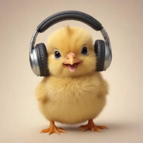 baby chick wearing headphones, cheerful