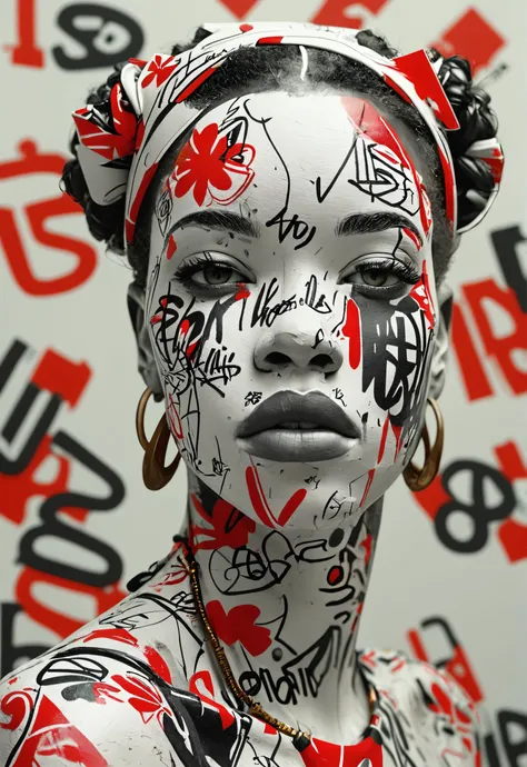 plaster female statue of attractive black woman adorned with wildstyle graffiti,intricate and dynamic graffiti lettering covers all the surface, featuring bold tags, complex shapes, energetic chaos of wildstyle graffiti ,Zanele Muholi,Barbara Kruger,Romero Britto, handsomize,white background, grainy film filter, minimalistic, HD,bold lines,poster, intricate,artstation,dof<lora:add-detail-xl:1> <lora:MJ52:0.8>