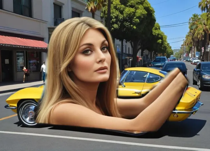 60s photo. Sharon Tate driving in her car in Hollywood