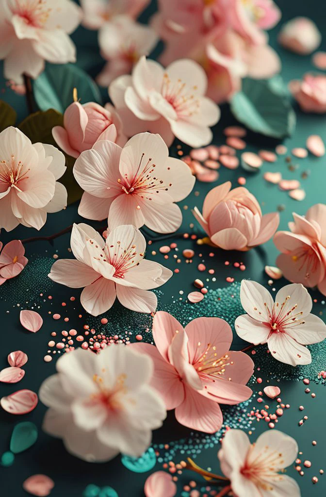 3D isometric Blender render with soft colorful-hued colors in the style of botanical engraving illustration featuring knolling elements such as flowing silk sheets (with an ethereal sakura petals effect:1.2), glitter explosion, fiber optic luminescence and geometric gradients background.Two tone lighting is used to create depth in the scene while abstract geometric shapes add visual interest. <lora:sd_xl_dpo_lora_v1:0.8> <lora:MJ52:0.8>, black background