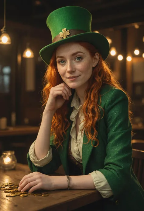 (dynamic pose:1.1), highly detailed (spontaneous candid painted scene:1.1) of a mischievous irish female (leprechaun:1.2) (lounging on a table:1.1) of an empty pub, table with a bag of (gold coins:1.1) in front, (saint patrick's day:1.2), (amused knowing look:1.1), (enchanted magical fairy trickster:1.2), (fairy lights:1.2), arms leaning on the table, (after hour:1.1), curly [ginger:0.3] hair, (mystical rainbow light:1.1), intriguing quirky face, curious (gaze to the side:1.1), intricate green and golden coat, lavish hat with a (four leafed clover:1.1), pale realistic (freckled:0.8) skin, contemplative nighttime mood, relaxed posture. (dynamic gradient lighting:1.2), (realistic digital painting:1.1), (cartoon art:1.1), high quality, (adult visual novel:1.1), (glittering dust motes:1.1),  <lora:RMSDXL_Darkness_Cinema:1.2>,  <lora:NicolaSamori:0.5>