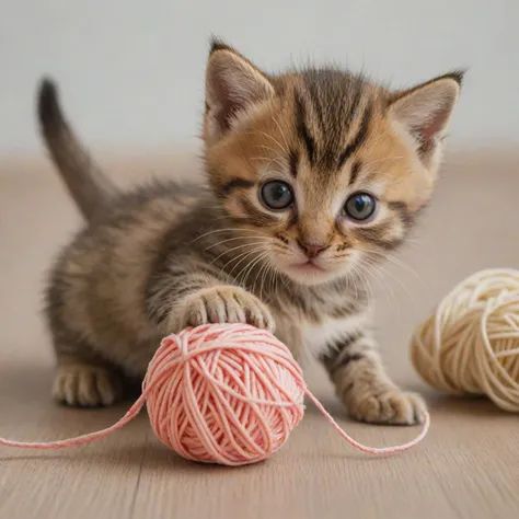 a kitten playing with a ball of yarn