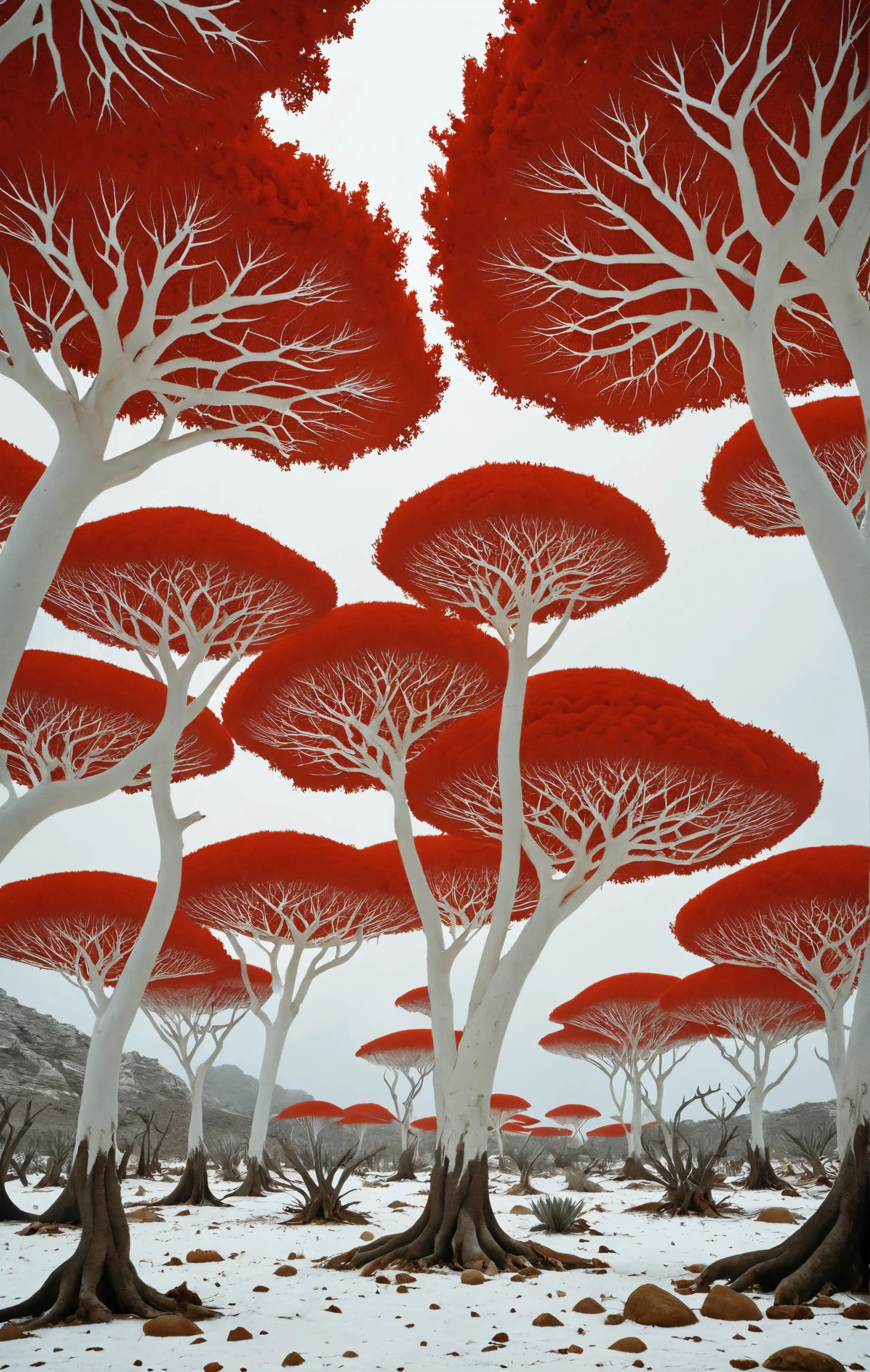 psychedelic aesthetic,socotra trees,photo by Scarlett Hooft Graafland,red and white ,wide low angle,winter,<lora:add-detail-xl:1> <lora:Photoreal:1> <lora:sss-000009:1>