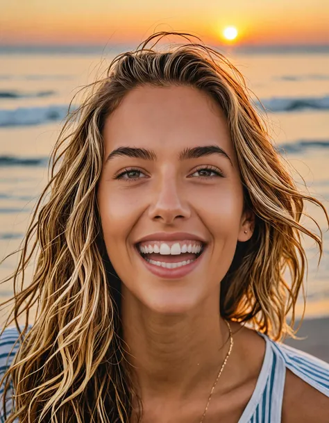 a woman 18 years old of age, floating hair, in relaxed and beachy surfer style, perfect for a sunset session, straight-on, laughing, head tilt, mole under eye, close-up,