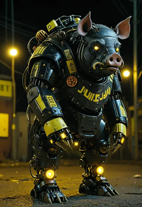 black pig robot, at night, frontal view, yellow glow in the dark color scheme,documentary style realism, responsibility, high saturation, dark atmosphere,scary atmosphere, Junji lTO, Chinese Punk, <lora:add-detail-xl:1> <lora:Cyberpunk _Anime_sdxl:1>