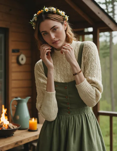 realistic photography of a woman in a cozy and wholesome cottagecore-inspired outfit, celebrating simplicity and nature