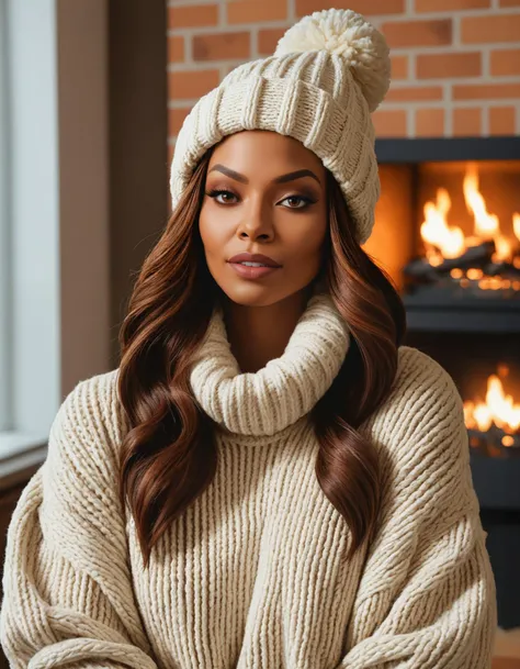 A winter-ready woman in a cozy oversized sweater and knit beanie, her body size enveloped in warmth, with a content and peaceful expression, realistic skin texture, janet jackson in her 20s, indoors, fireplace,