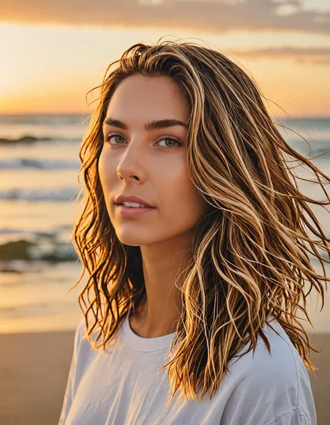 a woman 18 years old of age, floating hair, in relaxed and beachy surfer style, perfect for a sunset session, straight-on, head tilt, mole under eye, candid photography, closed mouth,