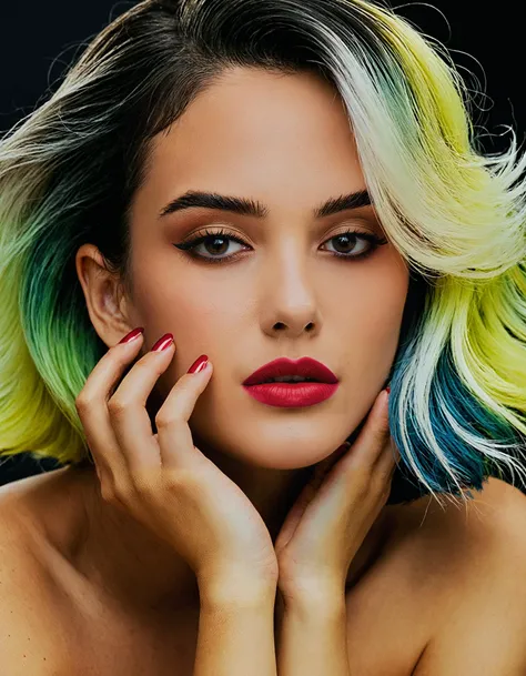 masterpiece, best quality, 1girl, gradient hair, high contrast, photo \(medium\), <lora:SDXLHighDetail_v5:1>, strapless, hand on own chin, parted lips,