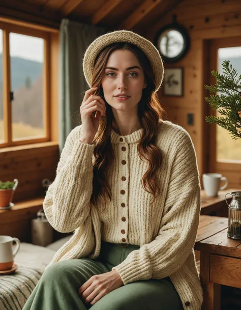 realistic photography of a woman in a cozy and wholesome cottagecore-inspired outfit, celebrating simplicity and nature