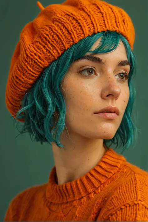 profile shot, minimalist photo of a 25-year-old woman with (teal hair:1.2) in a messy bob haircut wearing an orange beret and a knitted jumper , slightly tussled hair, natural skin, realistic skin texture, skin pores, (skin oils:0.6), (orange background:1.2), photorealistic, hyperrealism, award winning photo, film grain, <lora:- SDXL - vanta-black_contrast_V3.0:0.6> <lora:MJ52:0.2>