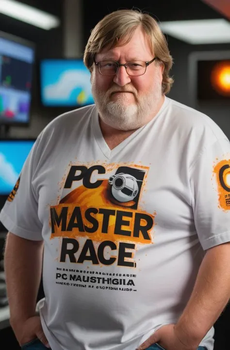 <lora:sd_xl_dpo_lora_v1:.6> photo of a gabe newell from steam (wearing a shirt that says "PC MASTER RACE":1.4), infrared photography, without flash, ((motion blur)), in corpo office, (extremely detailed, realistic, perfect lighting, vibrant colors,intricate details),((freckles:0.3),high detailed skin:1.3), best quality, masterpiece, highres, absurdres, incredibly absurdres, huge filesize, wallpaper, colorful,8K,RAW photo <lora:RMSDXL_Creative:1.2> <lora:add-detail-xl:0.8> <lora:DetailedEyes_V3:0.7> <lora:RMSDXL_Enhance:2>
