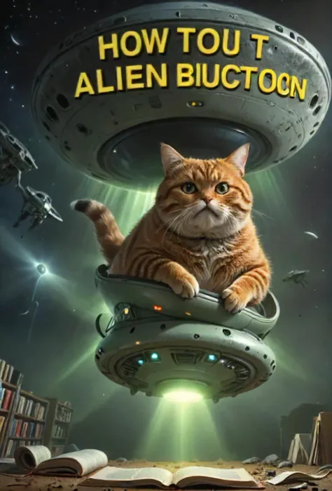 book cover title "How to Defend Yourself Against Alien Abduction", fat cat is to obesse and got stuck in the abdustion beam of an ufo, detailed, 8k, <lora:cinexart:0.5>, <lora:wizards_vintage_romance:0.6>, <lora:Harrlogos_v1.1:0.8>, <lora:- SDXL - wonderrake_5000_V1.0:0.8> <lora:- SDXL - stnerfx _Stoner_Fox_V3.0:0.4> <lora:- SDXL - letitflrsh_let_it_flourish_V1.0:0.4>