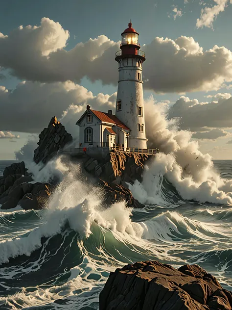 photo realistic picture waves pounding a light house on a rock in the middle of the ocean, <lora:add-detail-xl:1> 8k, masterpiece, dramatic lighting